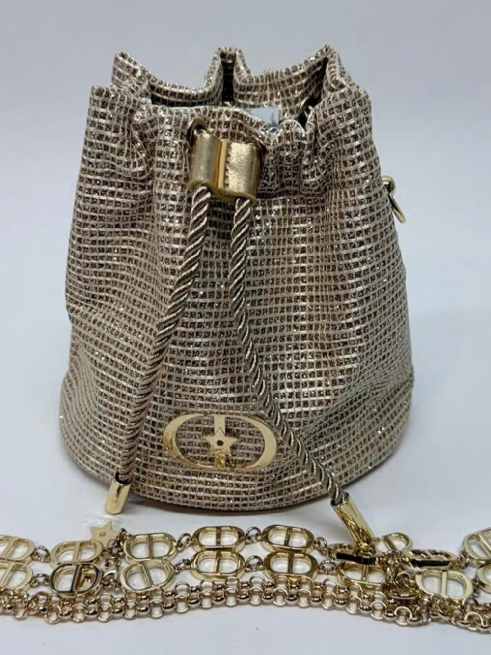 Dior Beauty GWP Micro Bucket Crossbody (drawstring), gold chain strap with box